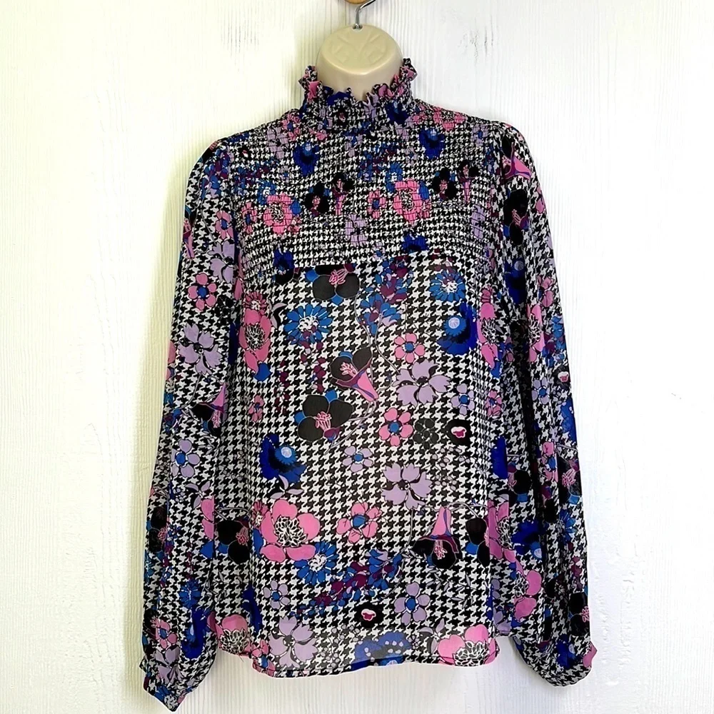 Guess - Colorful Floral Printed Mock Neck Long Sleeve Blouse Size Small